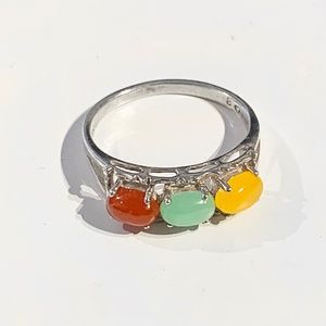 AVON VINTAGE 925 STERLING SILVER YELLOW, GREEN AND ORANGE JADE RING